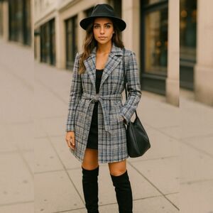 Solitaire Anthropologie Plaid Trench Coat L | Vegan Suede Light Academia Layer